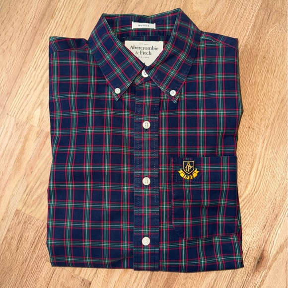 Abercrombie & Fitch Cotton Muscle Button Down Collared Shirt Tartan Plaid Navy M - Picture 9 of 9